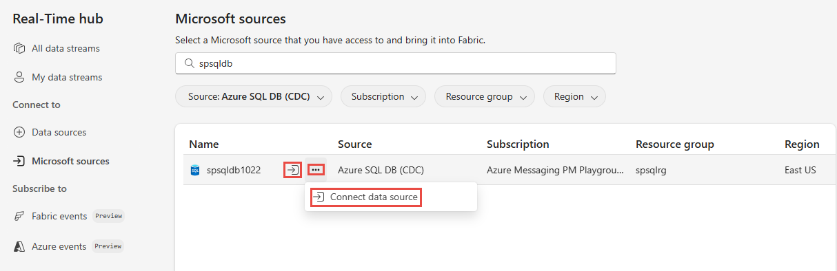 Screenshot der Seite „Microsoft-Quellen“ mit Filtern zum Anzeigen von SQL-Datenbanken und der Schaltfläche „Verbinden“ einer Azure SQL-Datenbank.