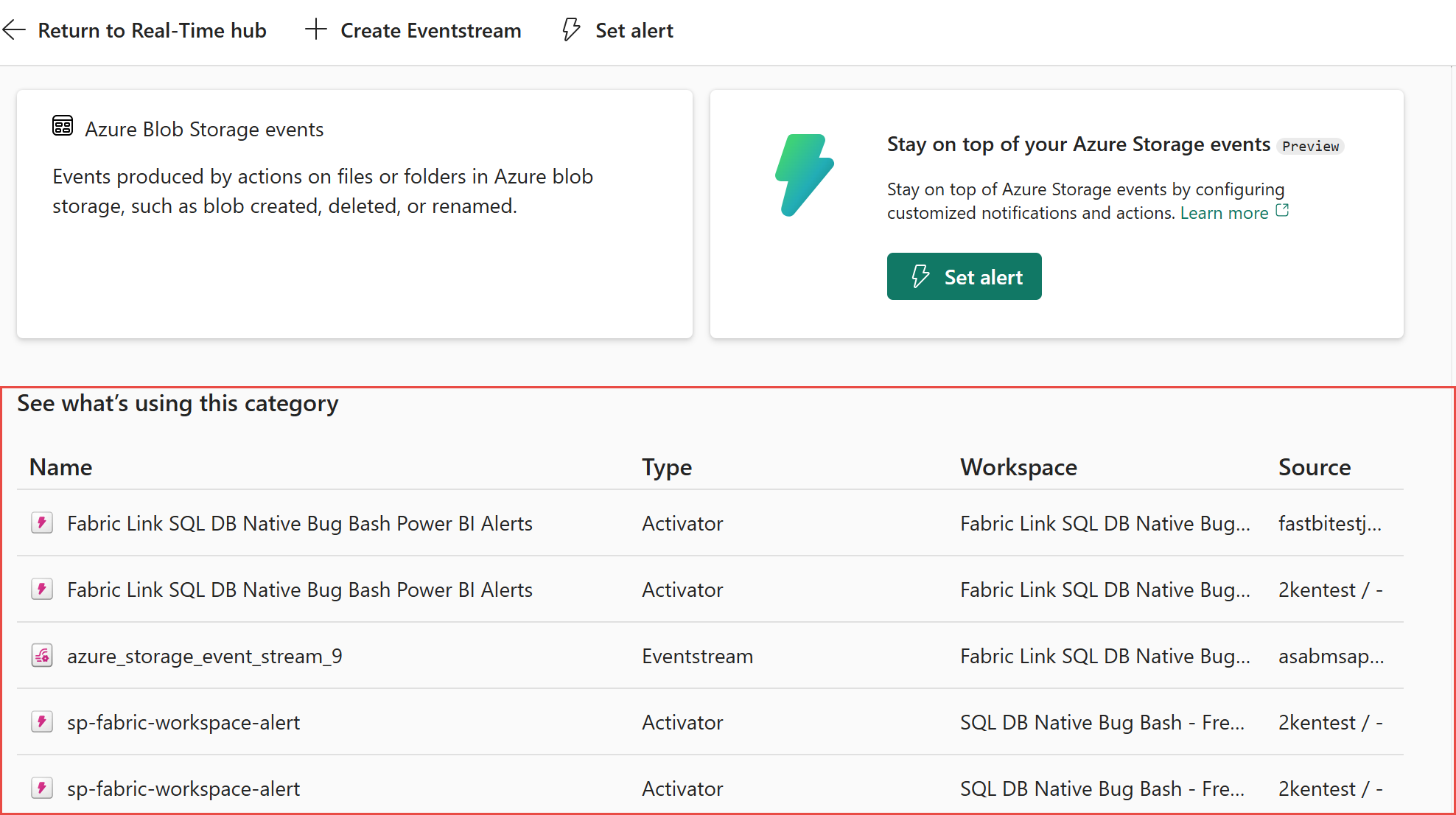 Screenshot, der zeigt, was der Abschnitt der Detailseite für Azure Blob Storage-Ereignisse verwendet.