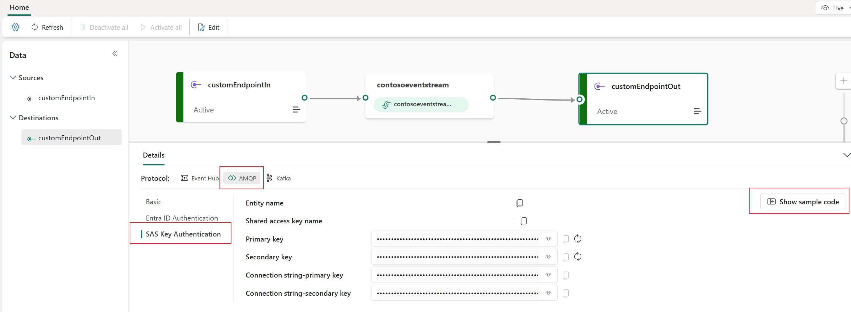 Screenshot: AMQP-Beispielcode im Detailbereich der Eventstream-Liveansicht.