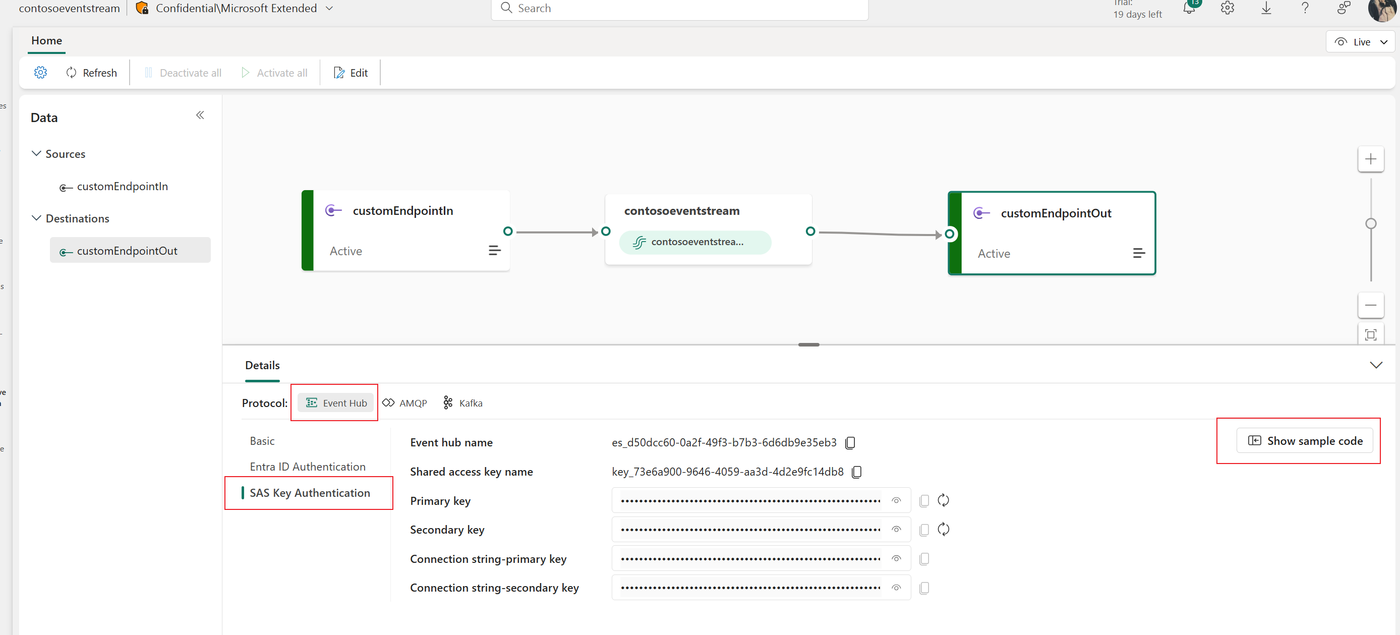 Screenshot: Event Hub-Beispielcode im Detailbereich der Eventstream-Liveansicht.