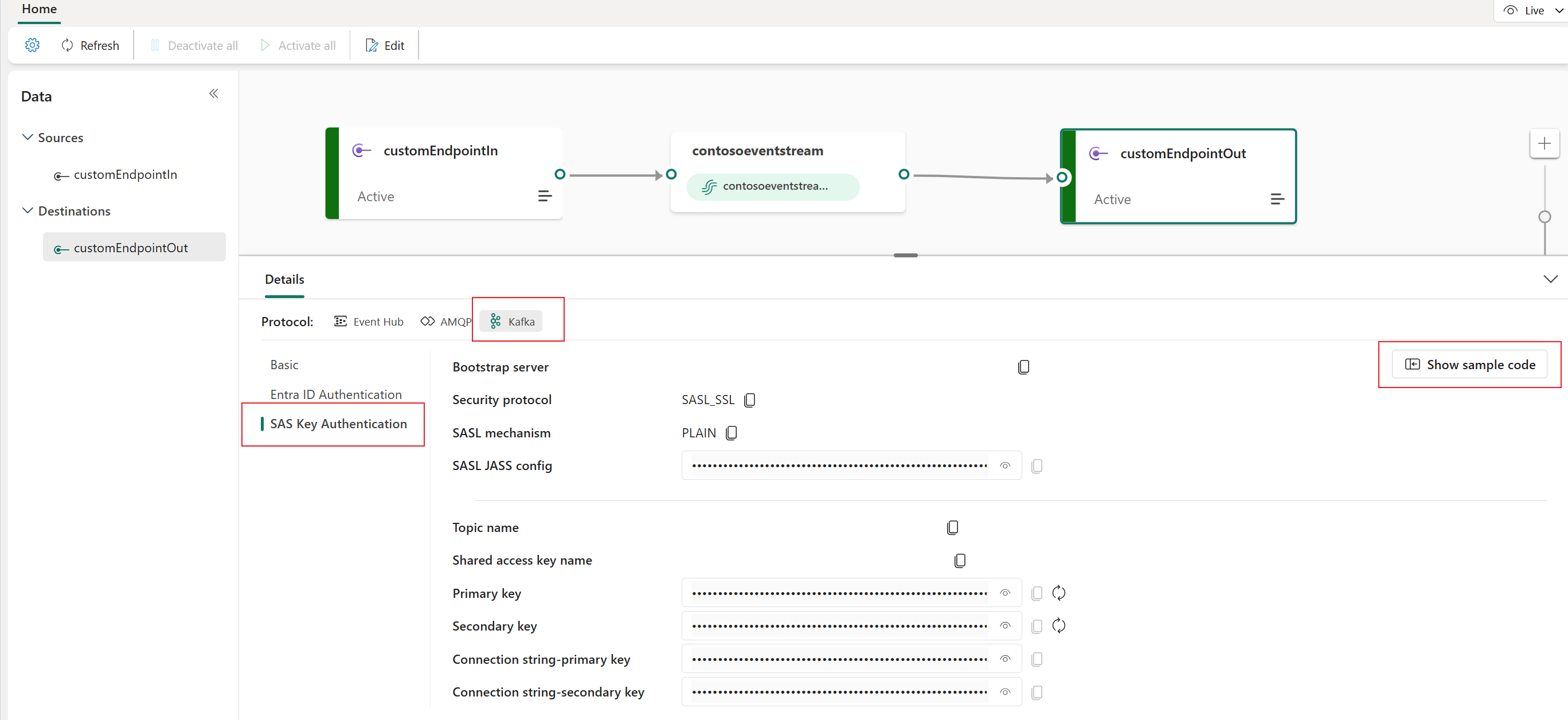 Screenshot: Kafka-Beispielcode im Detailbereich der Eventstream-Liveansicht.