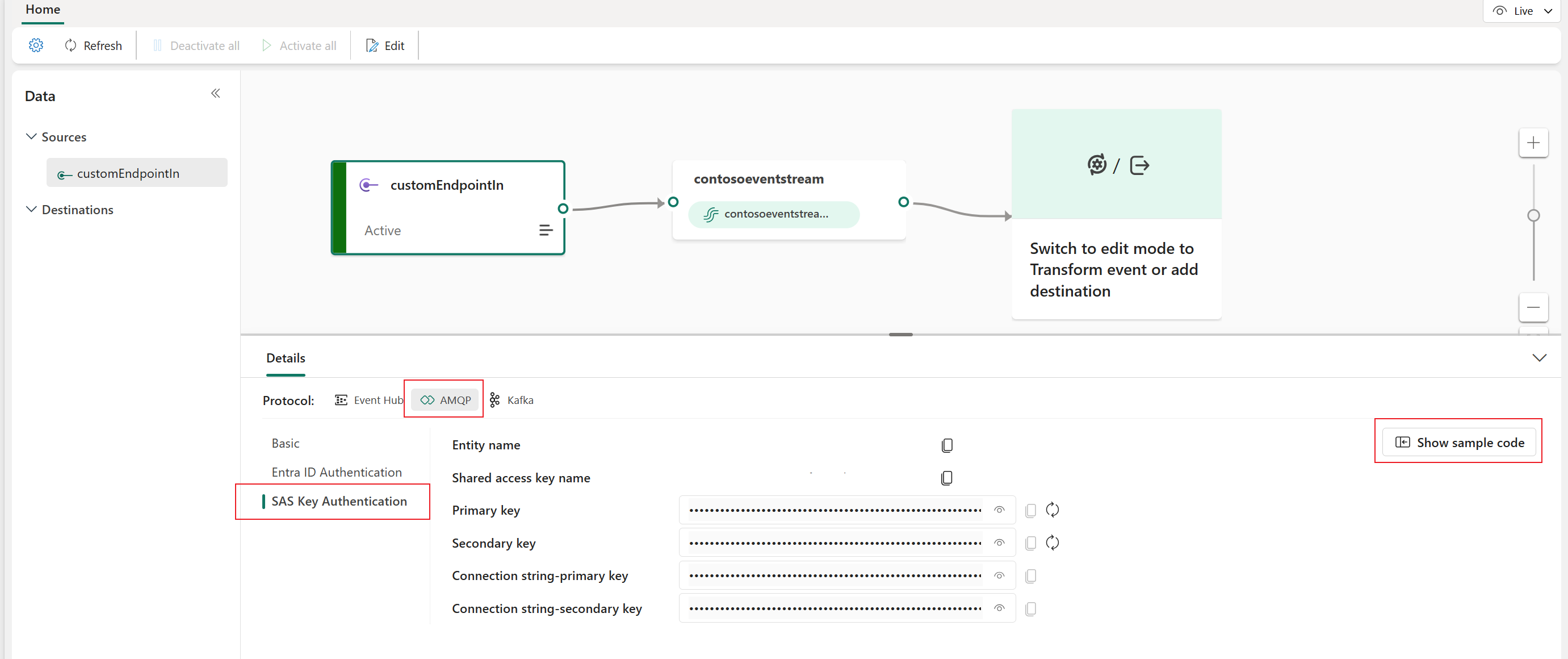 Screenshot: AMQP-Beispielcode im Detailbereich der Eventstream-Liveansicht.