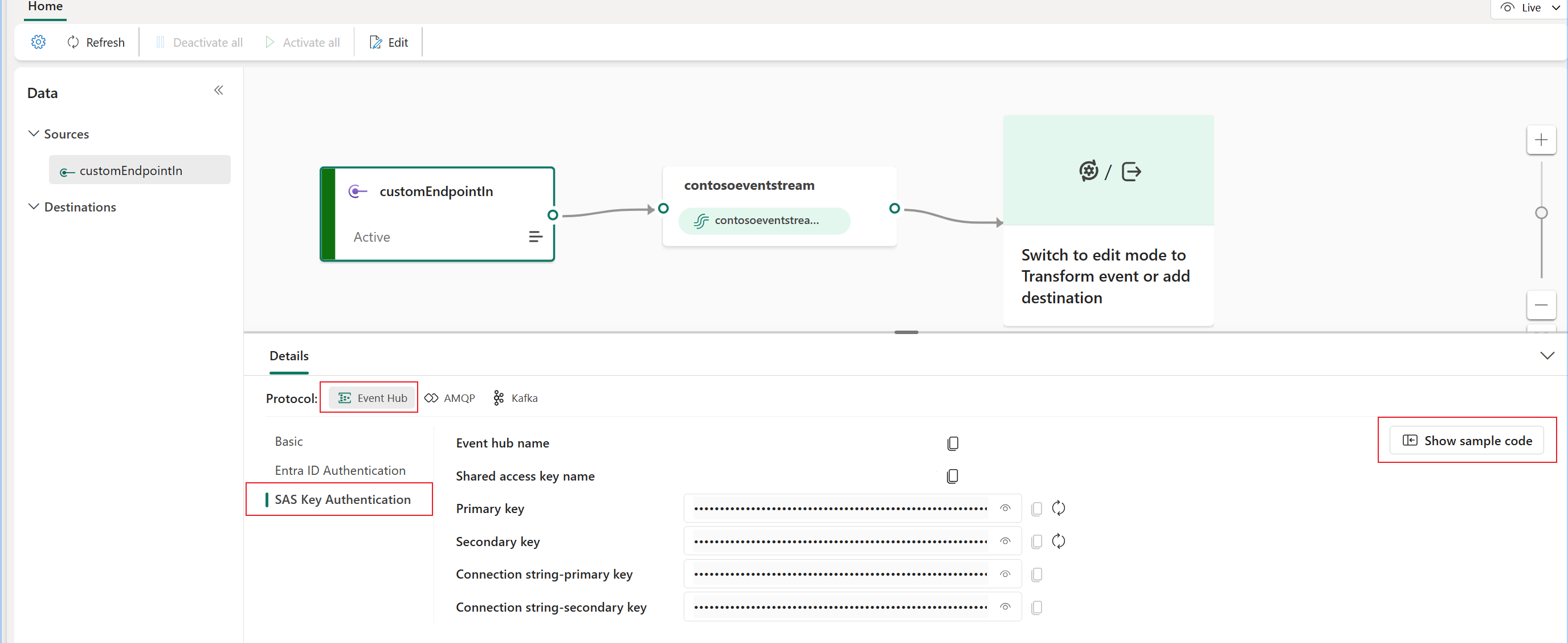 Screenshot: Beispielcode im Detailbereich der Eventstream-Liveansicht