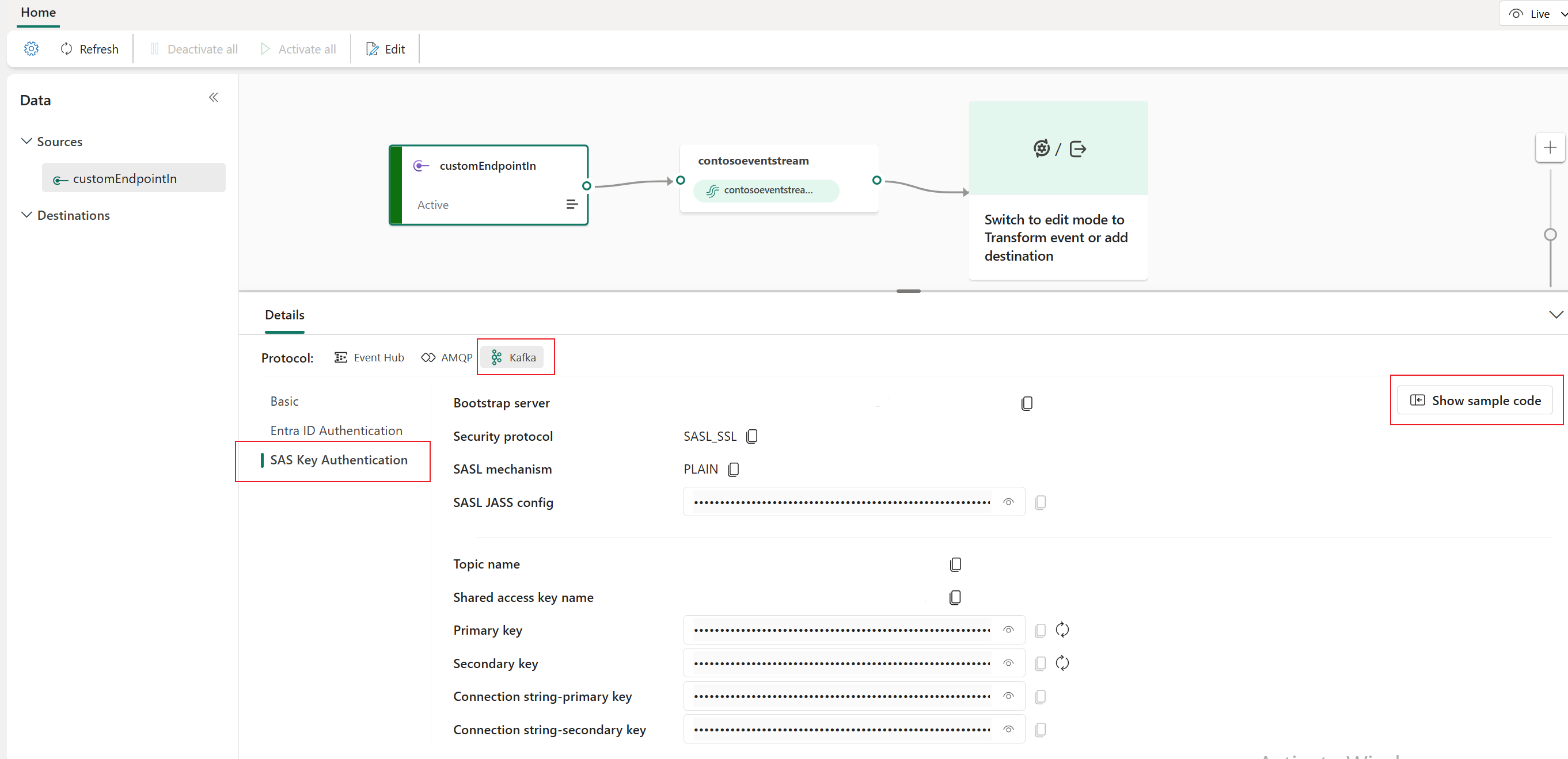 Screenshot: Kafka-Beispielcode im Detailbereich der Eventstream-Liveansicht.