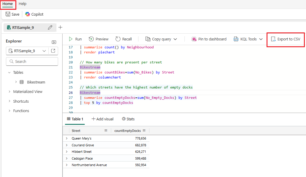 Screenshot: Registerkarte „Start“ der KQL-Abfragesprache mit der hervorgehobenen Option „Ergebnisse in CSV exportieren“.