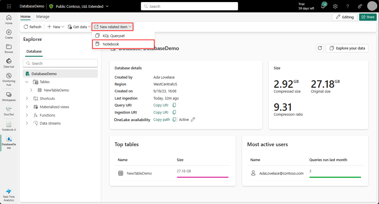 Screenshot des Erstellens eines Notizbuchs als verwandtes Element in einer KQL-Datenbank.