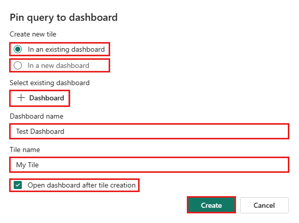 Screenshot des Fensters „An Dashboard anheften“.