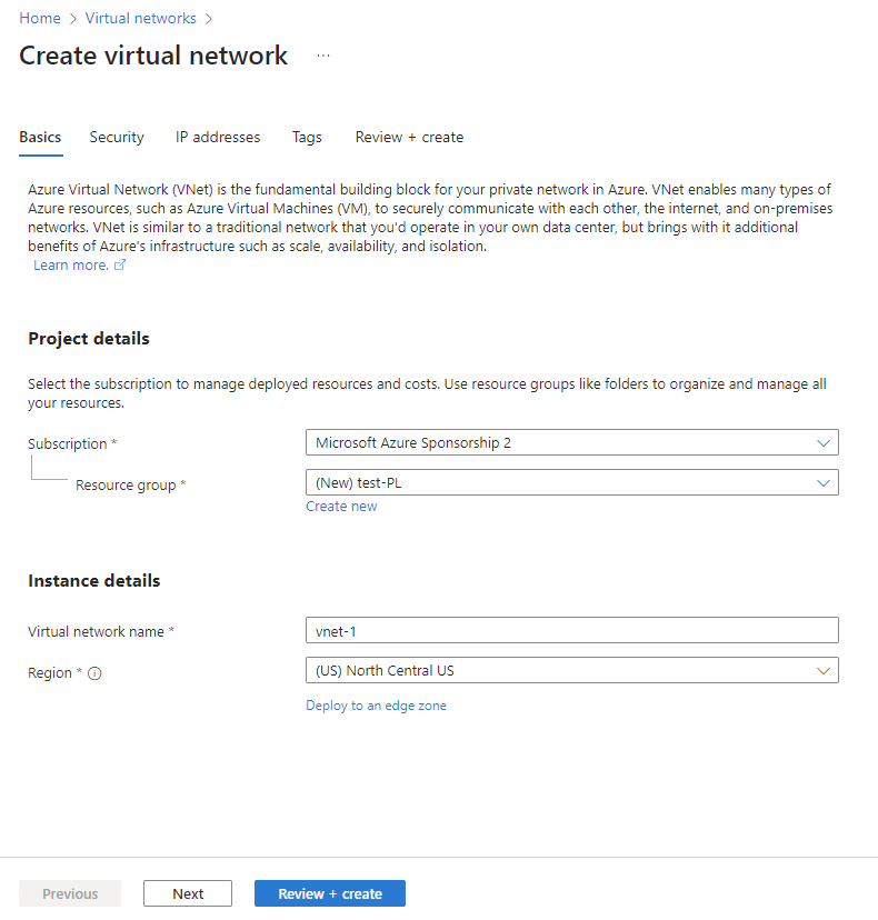 Screenshot: Registerkarte „Allgemeine Informationen“ unter „Virtuelles Netzwerk erstellen“.