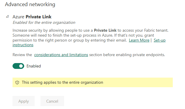 Screenshot zeigt die Azure Private Link-Mandanteneinstellung.