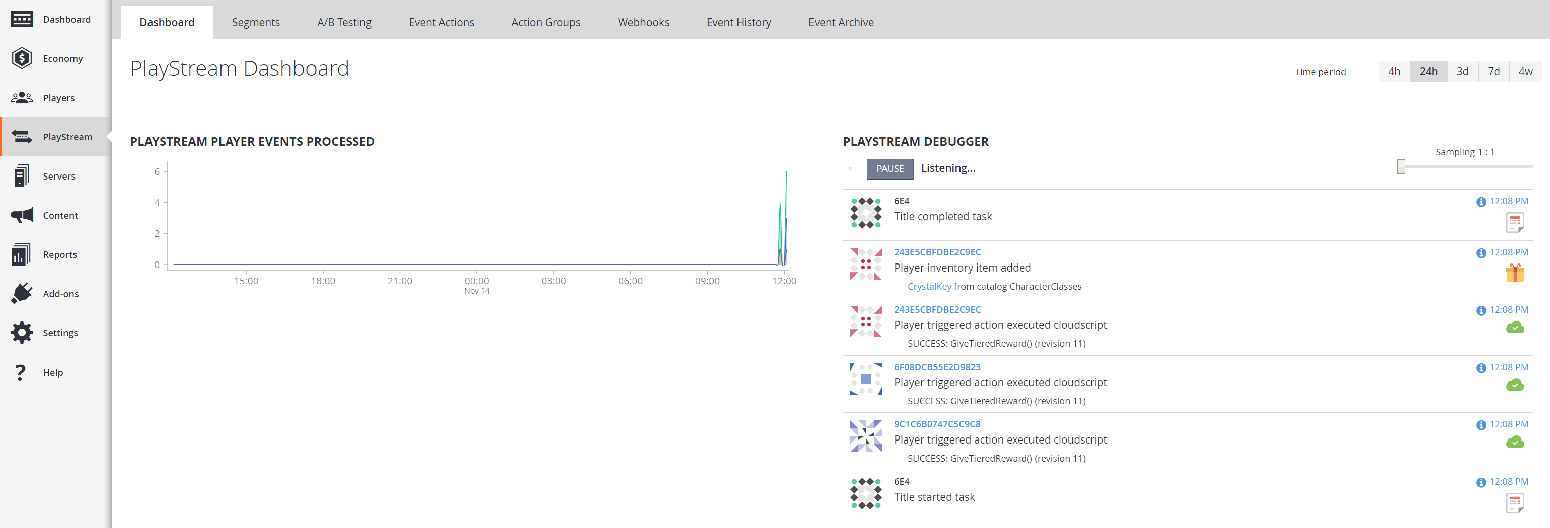 PlayStream – Dashboard – Ereignisdebugger