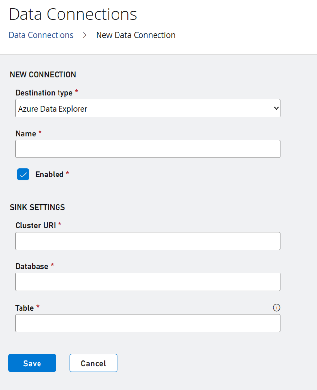 Screenshot der Konfiguration der ADX-Datenverbindung und