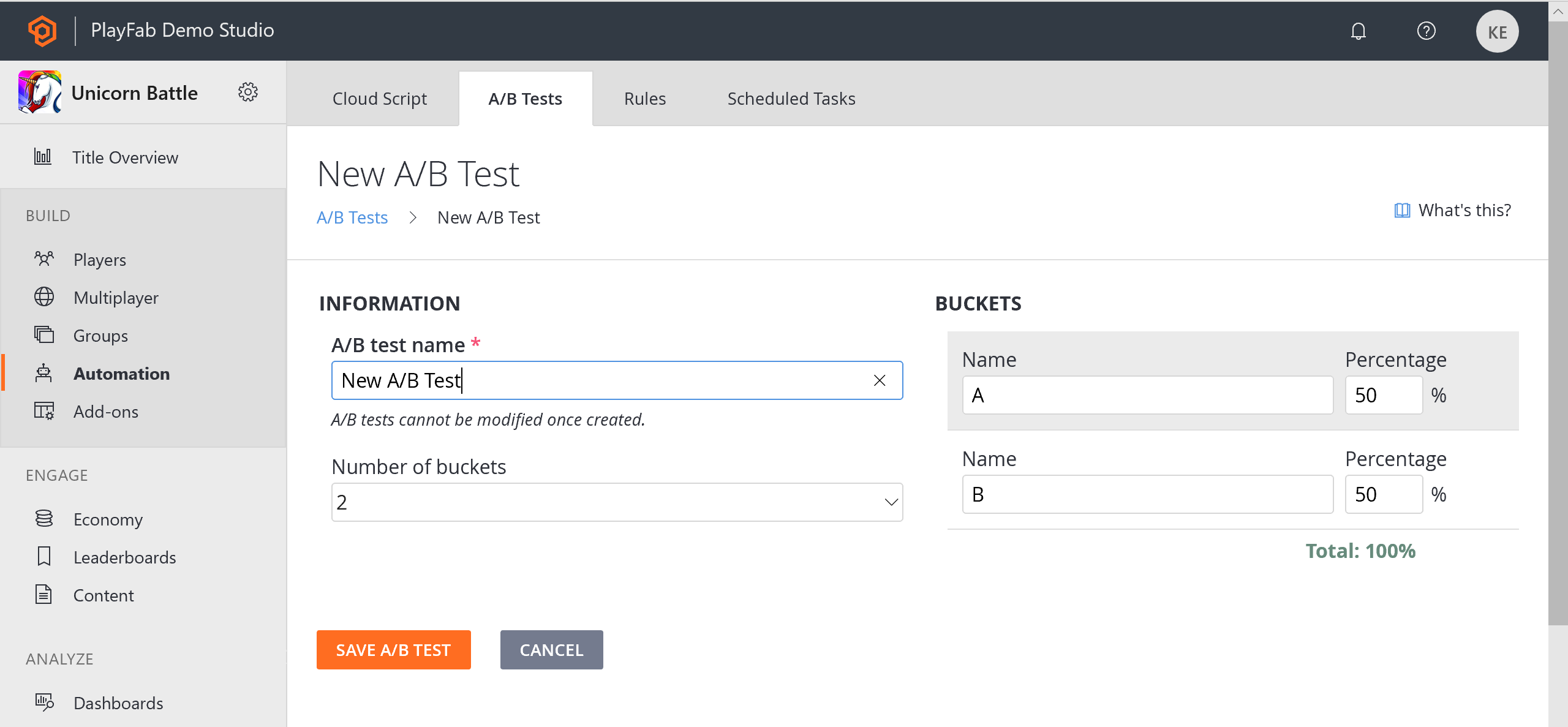 Game-Manager – Automatisierung – AB-Tests – Neuer AB-Test