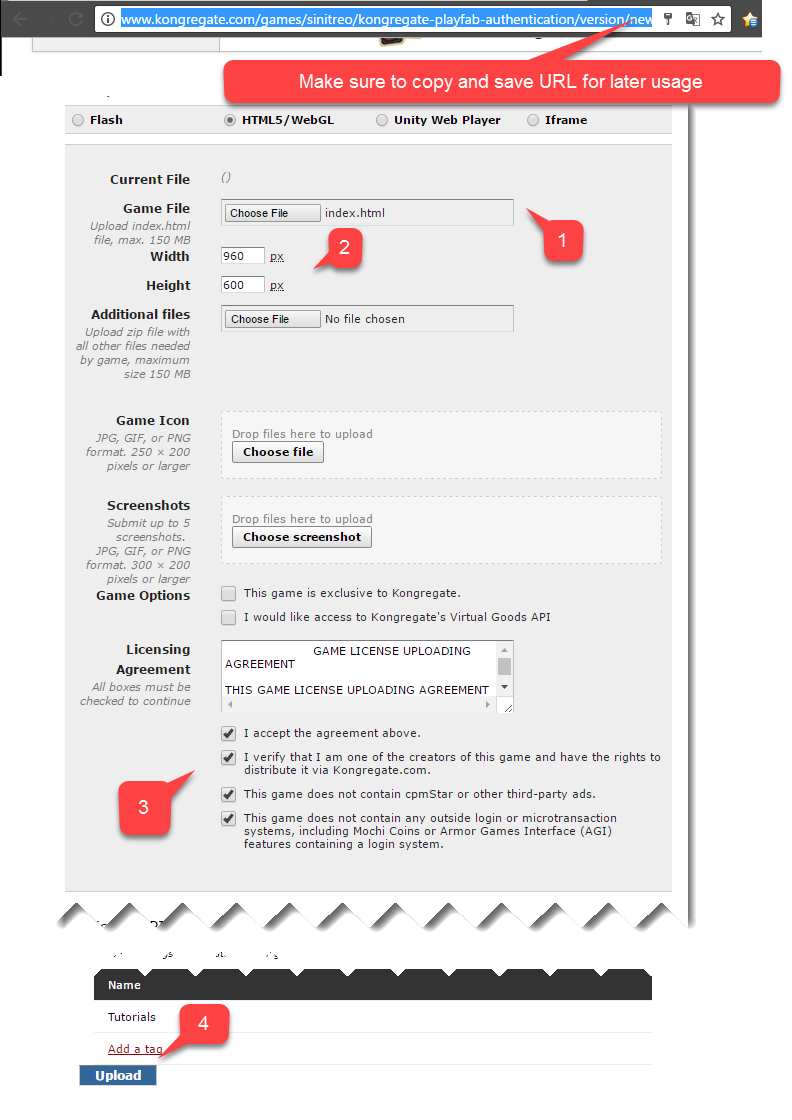 Seite zum Hochladen der Kongregate-Anwendung