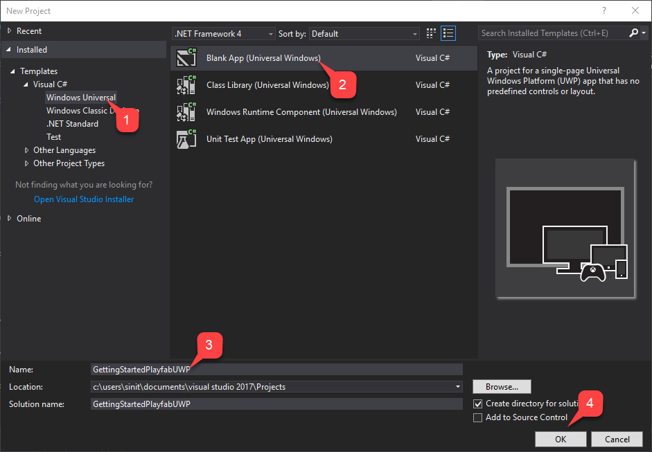 Neue leere UWP-App in Visual Studio