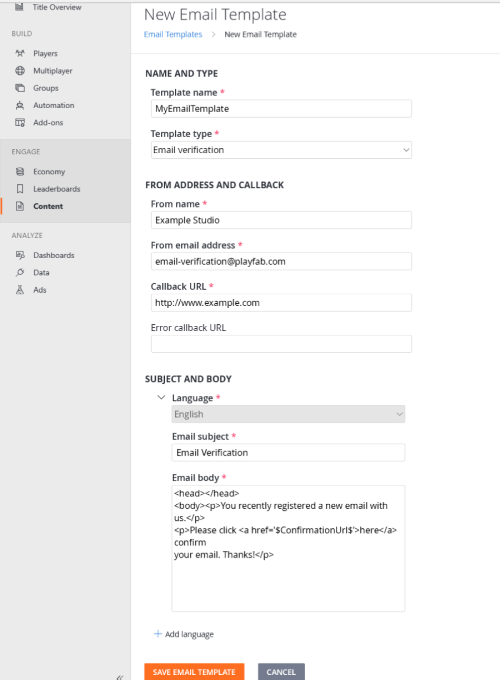 Game Manager – Inhalt – Email-Vorlagen – Neue Email-Vorlage