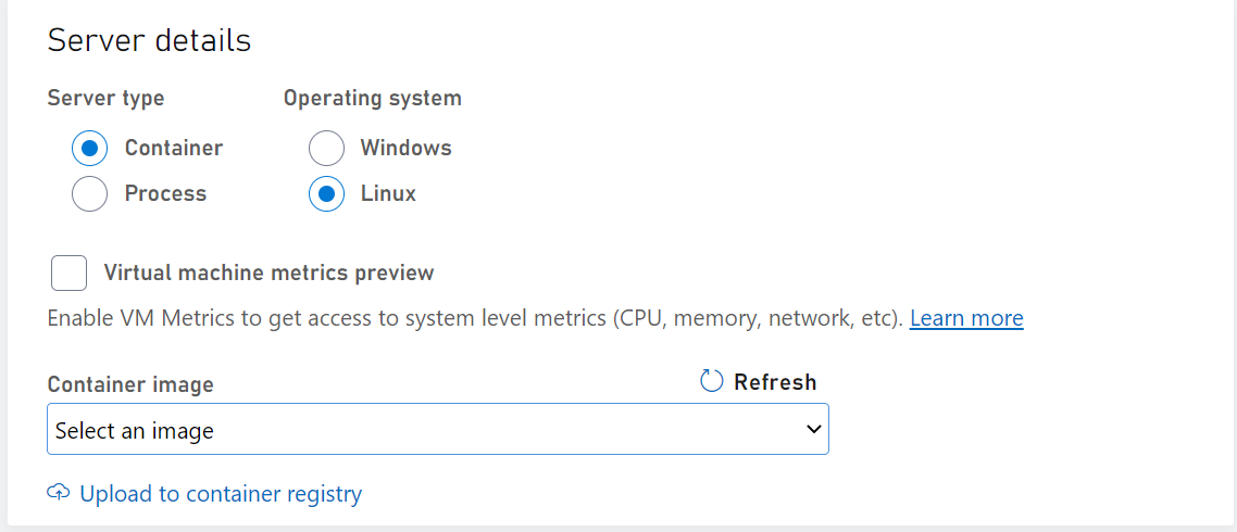 Serverdetails mit ausgewähltem Linux-Container als Betriebssystem und Servertyp