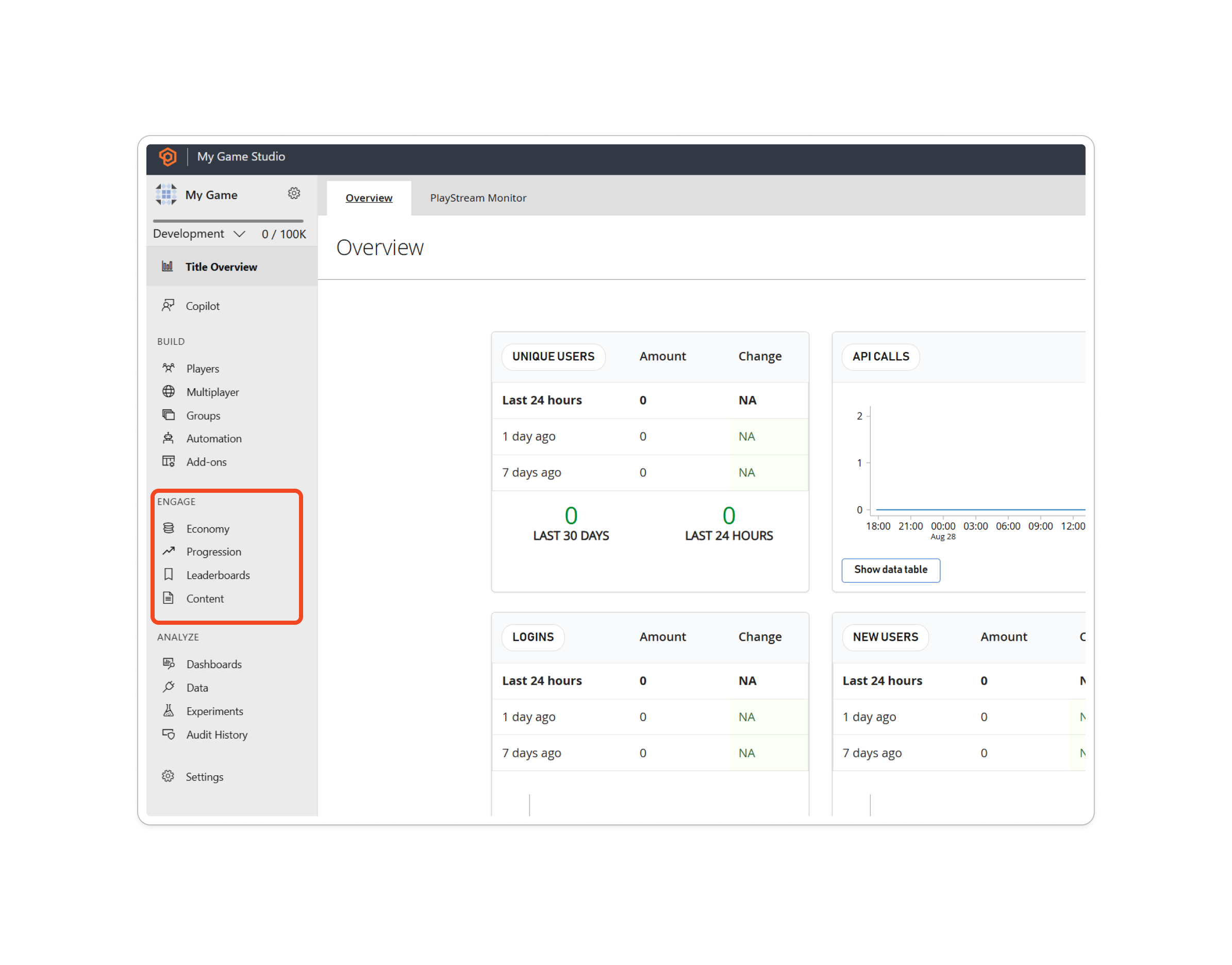 PlayFab Statistics Standard-Menü