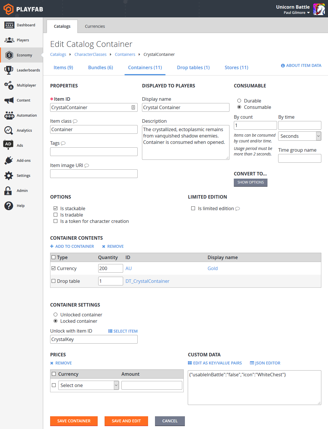 PlayFab – Wirtschaft – Katalogcontainer bearbeiten