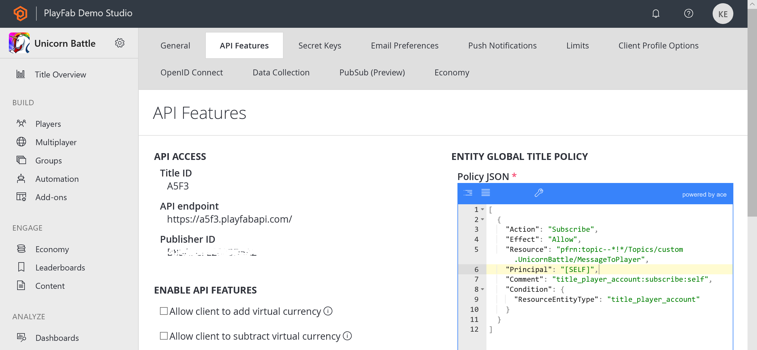 PlayFab – Einstellungen – REGISTERKARTE 