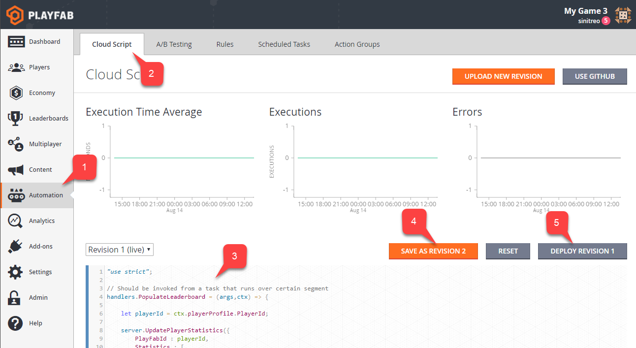 Game Manager – Automatisierung – CloudScript – Hochladen von CloudScript