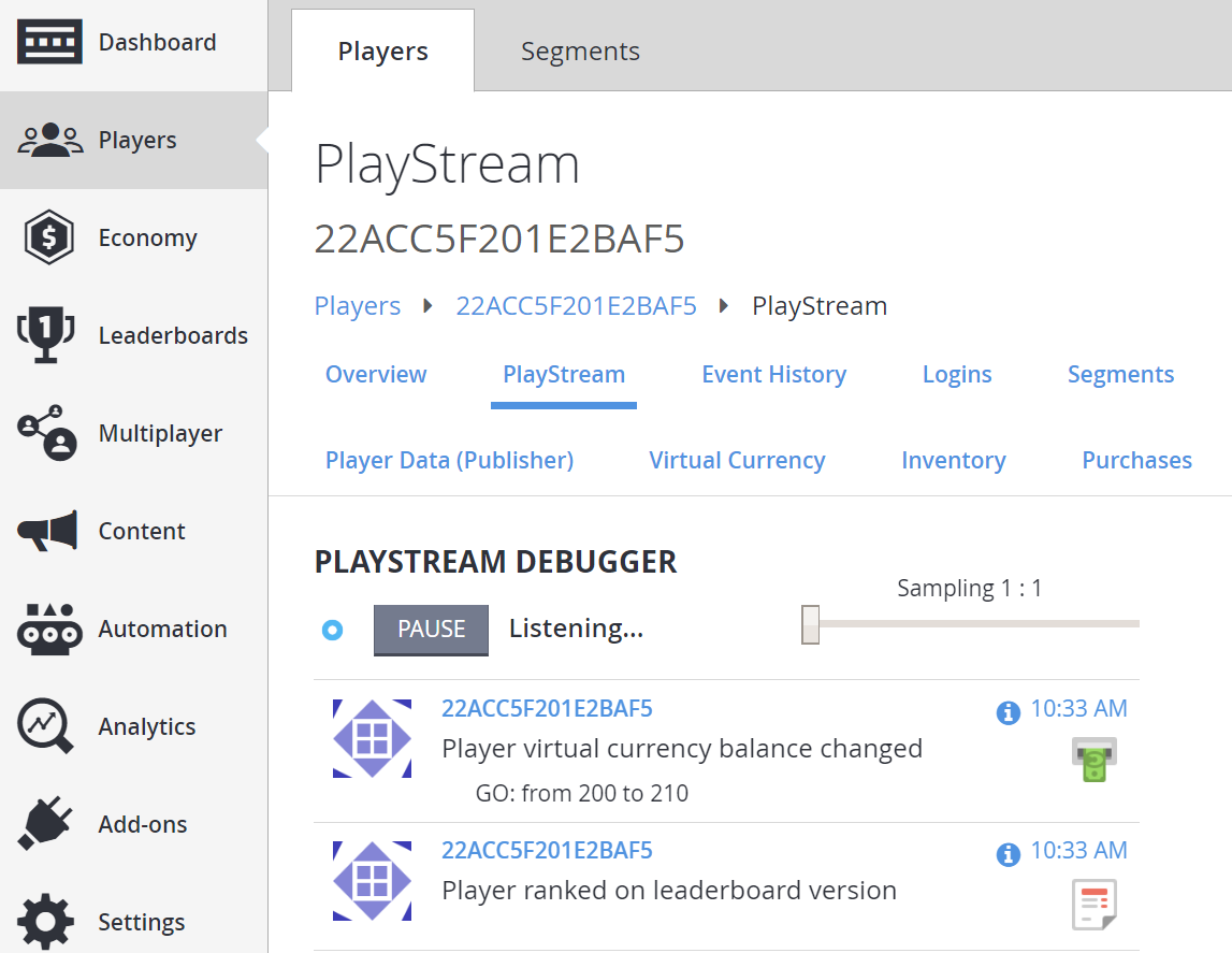 Game Manager – Spieler – PlayStream Debugger – Überprüfen von Bestenlistenereignissen