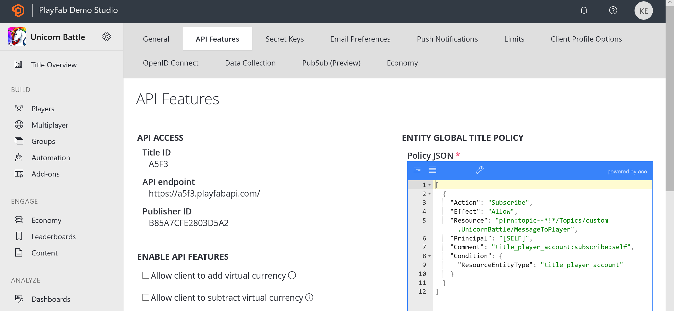 Game Manager – Einstellungen – API-Features