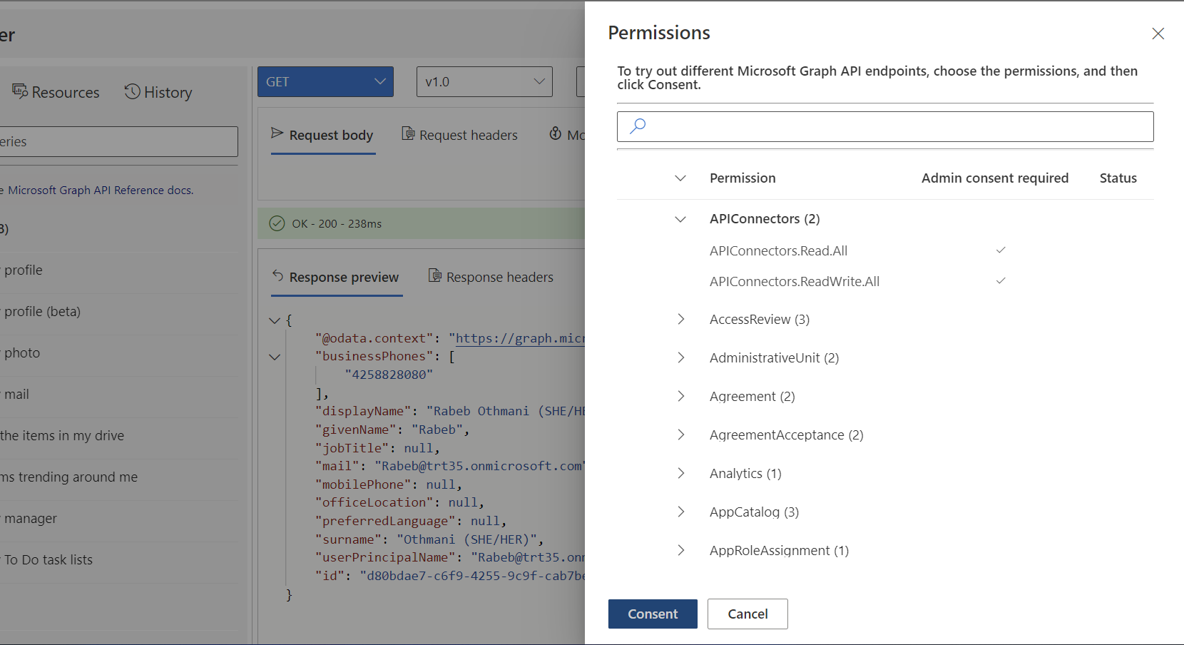 Screenshot des Graph-Testers mit hervorgehobener Option „Berechtigungen auswählen“