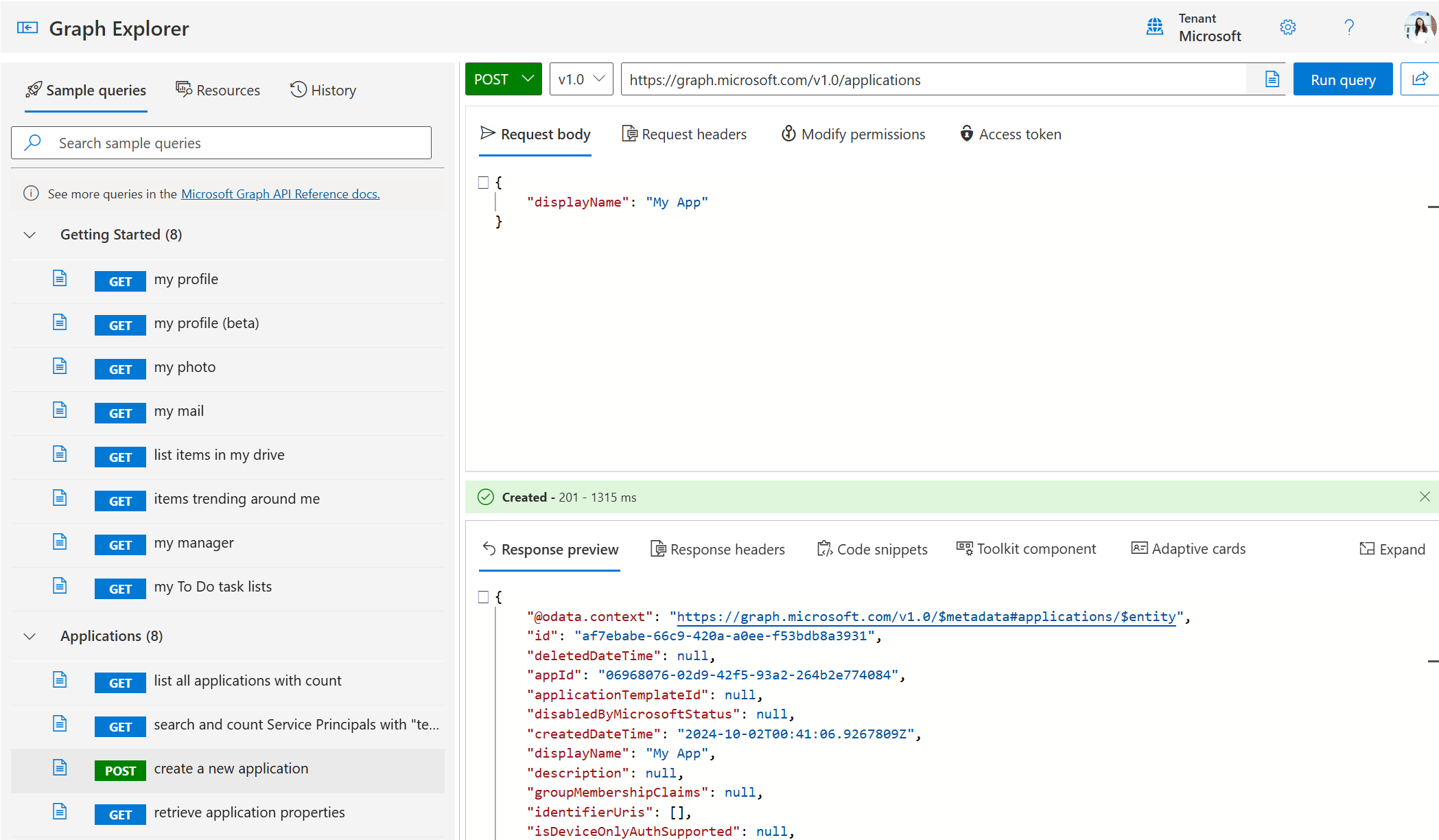 Screenshot: Graph Explorer Ausführen einer POST-Abfrage zum Erstellen einer neuen Anwendung