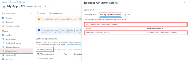 Die Azure AD Graph-API heißt Windows Azure Active Directory und weist die clientID 00000002-0000-0000-c000-000000000000000000 auf.