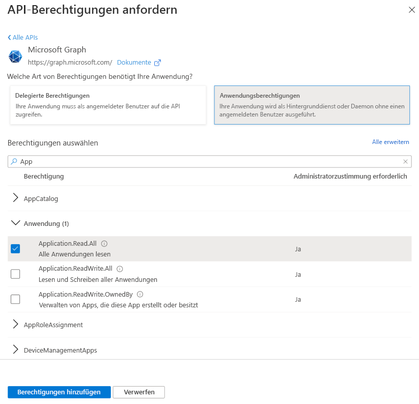 Wählen Sie das Fenster „Berechtigungen“ für Microsoft Graph-Anwendungsberechtigungen aus.