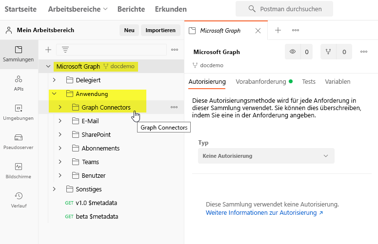 Screenshot des Abschnitts „Mein Arbeitsbereich“ in Postman, der die verzweigten Microsoft Graph-Sammlung anzeigt