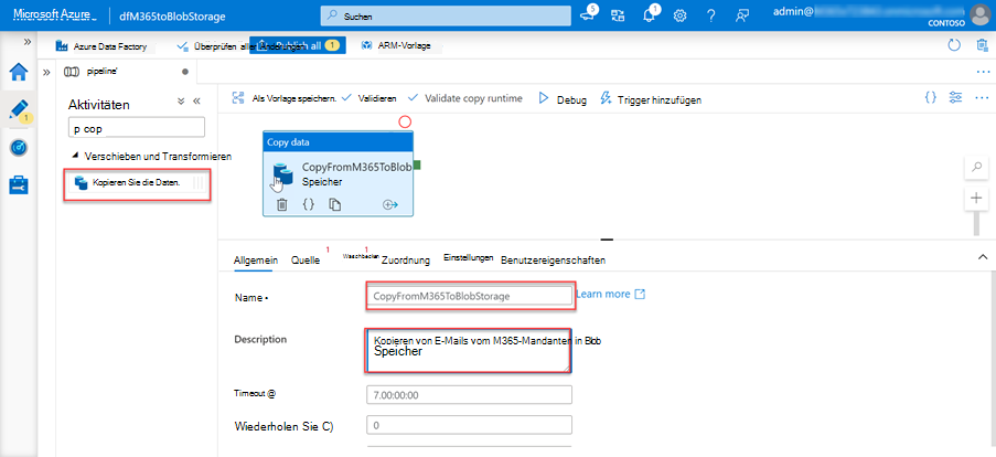 Screenshot: Seite des Data Factory-Diensts im Azure-Portal mit hervorgehobenen Feldern 