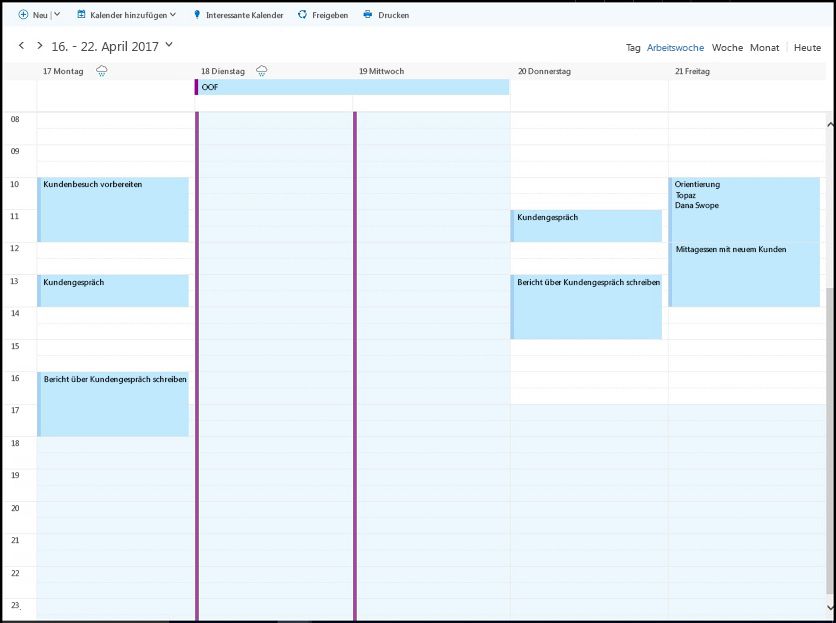 Der Arbeitskalender des Teilnehmers für den 17. bis 21. April mit Frei/Gebucht-Zeiten