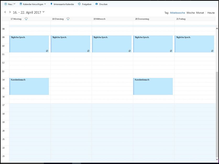 Der Arbeitskalender des Organisators für den 17. bis 21. April mit Frei/Gebucht-Zeiten