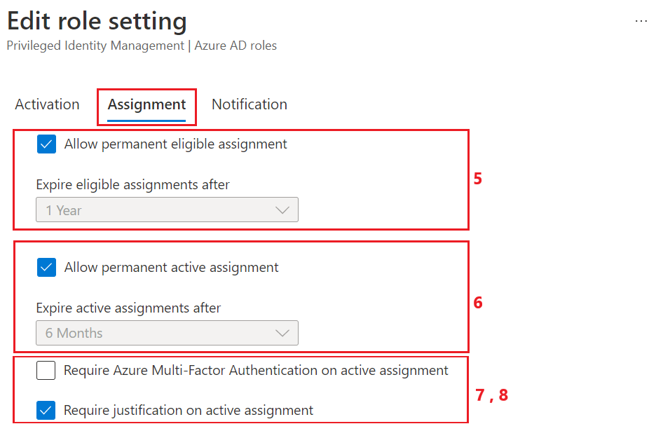 PIM-Rollenzuweisungseinstellungen auf dem Microsoft Entra Admin Center.