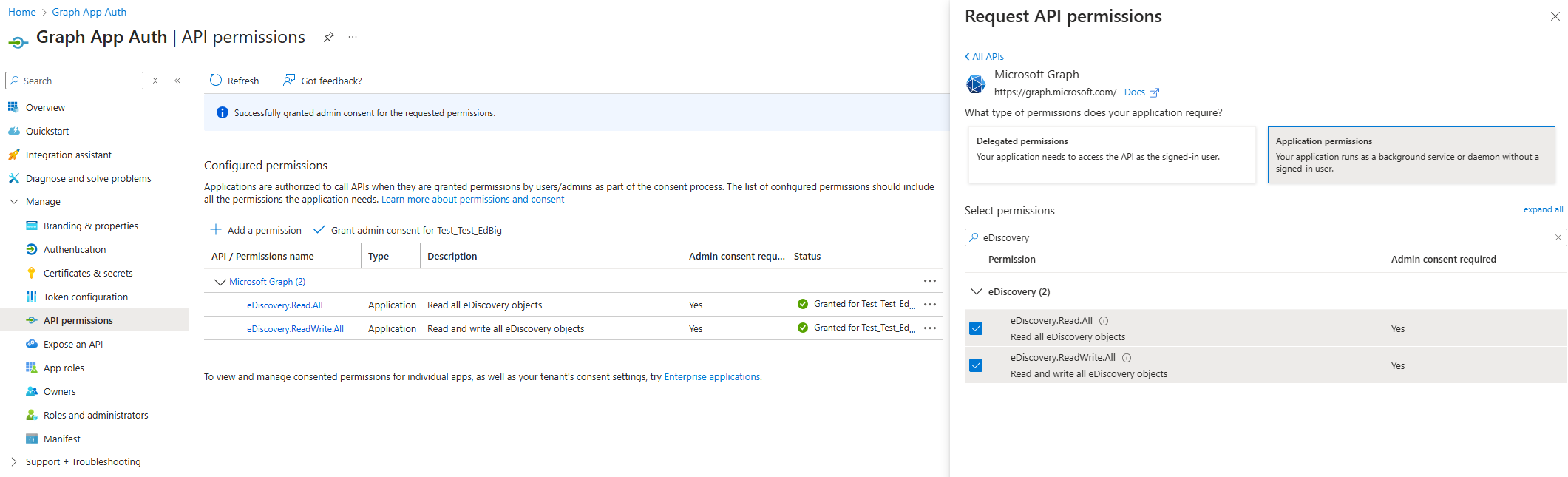 Screenshot der App-Registrierungs-API-Berechtigungsseite.