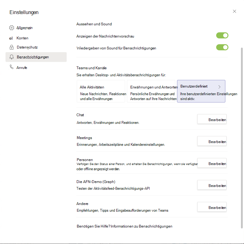 Screenshot der Benachrichtigungseinstellungen in Teams mit hervorgehobener Option 