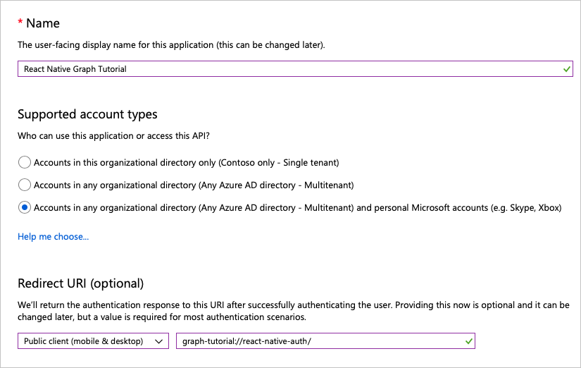 Screenshot der Seite "Anwendung registrieren"