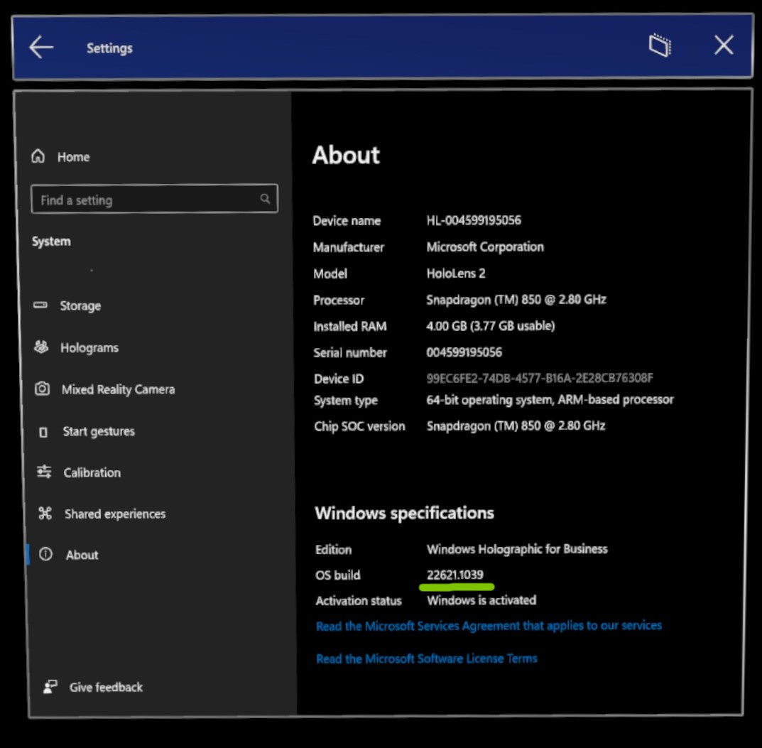 Screenshot der HoloLens-Versionsnummer in der Einstellungs-App.