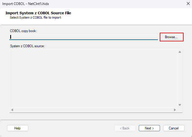 Screenshot: Import System Z COBOL Source File box for CICS