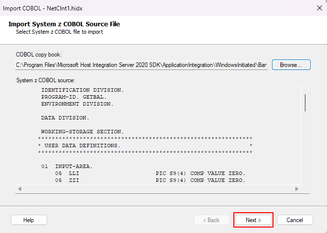 Screenshot: Feld System z COBOL-Quelldatei importieren mit ausgewählter und vorinstallierter Hostdefinition für IMS