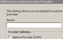 Screenshot of the Add Custom Authentication Provider dialog, showing the Name field.