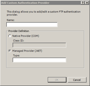 Screenshot of an empty Add Custom Authentication Provider dialog.