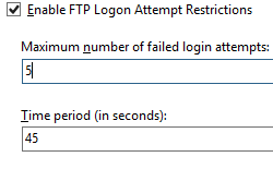 Screenshot of the Enable F T P Logon Attempt Restrictions, Maximum number of failed login attempts, and time period in seconds fields.