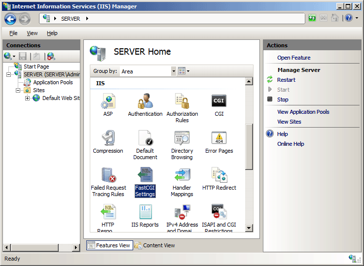 Screenshot der Serverstartseite. Die schnell C G I Einstellungen ist hervorgehoben.