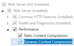 Screenshot des Webserver- und Leistungsknotens mit ausgewählter Option für statische Inhaltskomprimierung und hervorgehobener dynamischer Inhaltskomprimierung.