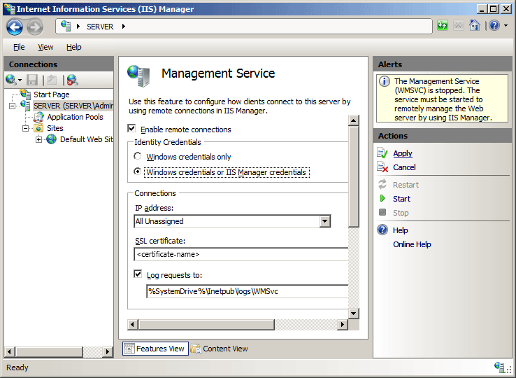 Screenshot of the Identity Credentials section with the Windows credentials or I I S Manager credentials option being selected.