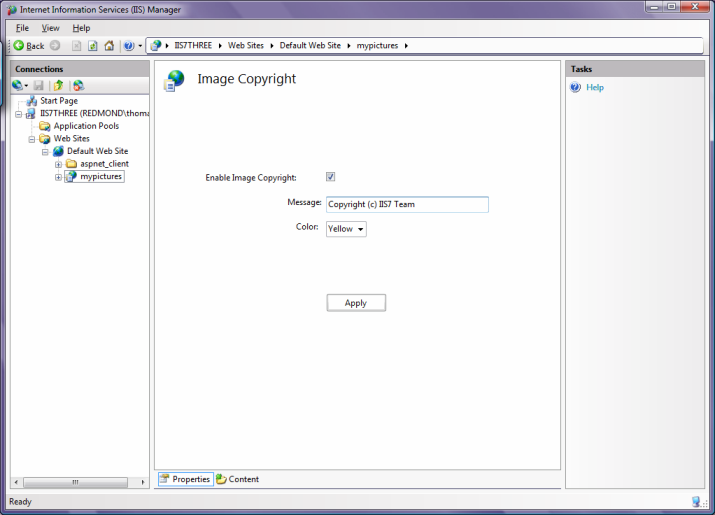 Screenshot of I I S Management Console with my pictures application selected and image Copyright message displayed.