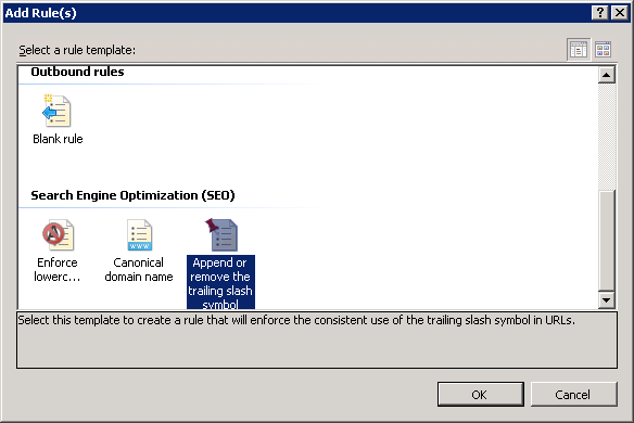 Screenshot of the Add Rule(s) screen with the Append or remove trailing slash symbol option being highlighted.