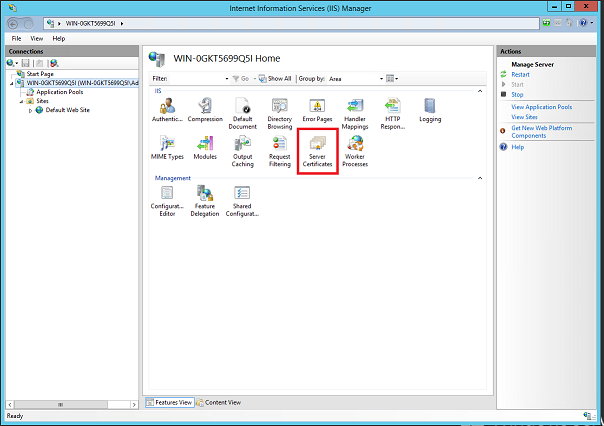 Image of Server Features view in Internet Service Manager page with Server Certificates highlighted.